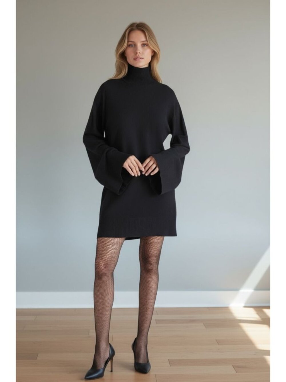 Steve Madden Black Turtleneck Sweater Dress With Long Bell Sleeves Size M